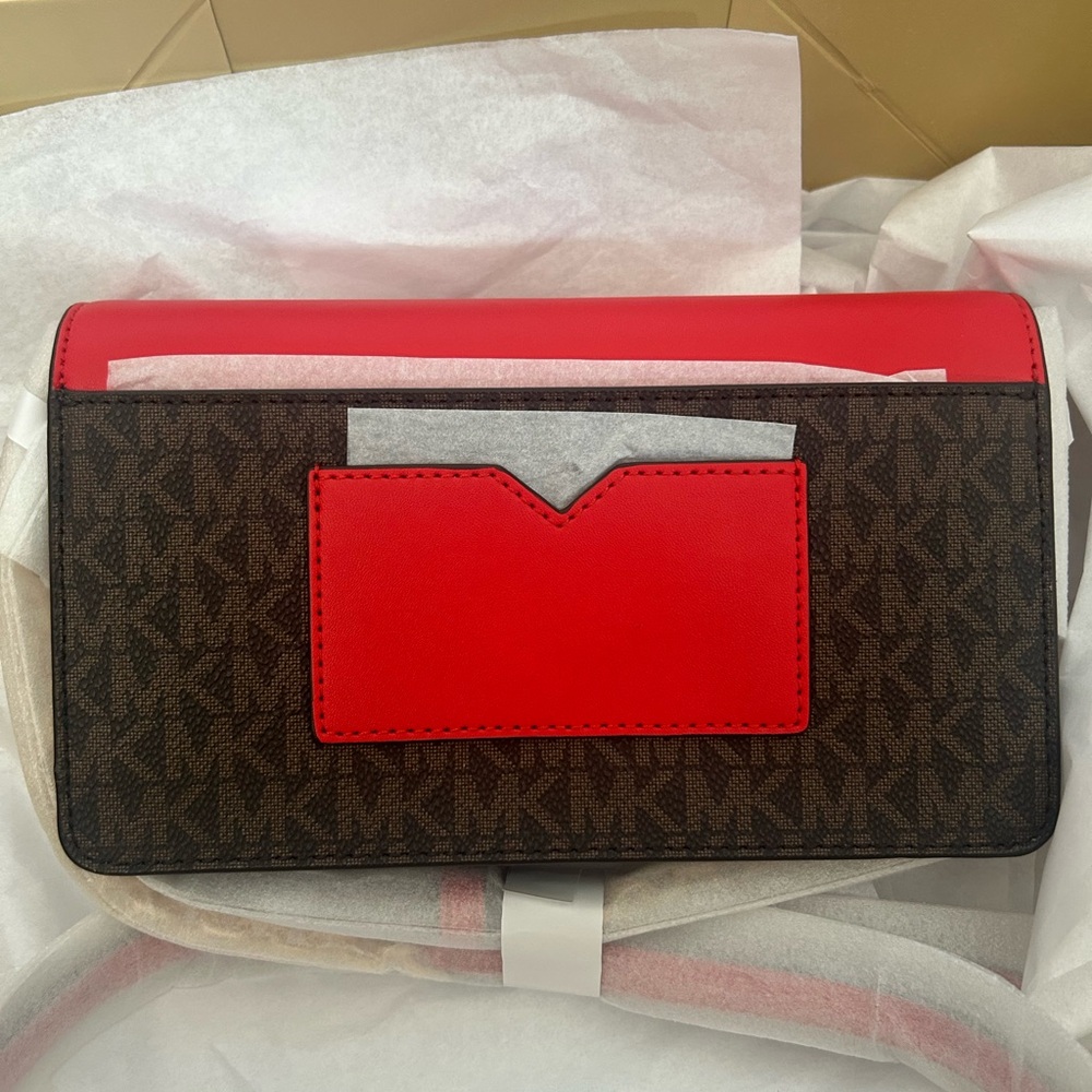 Michael Kors Jet Set Travel Small Flap Clutch Crossbody Bag (brown + red) - Picture 4 of 12